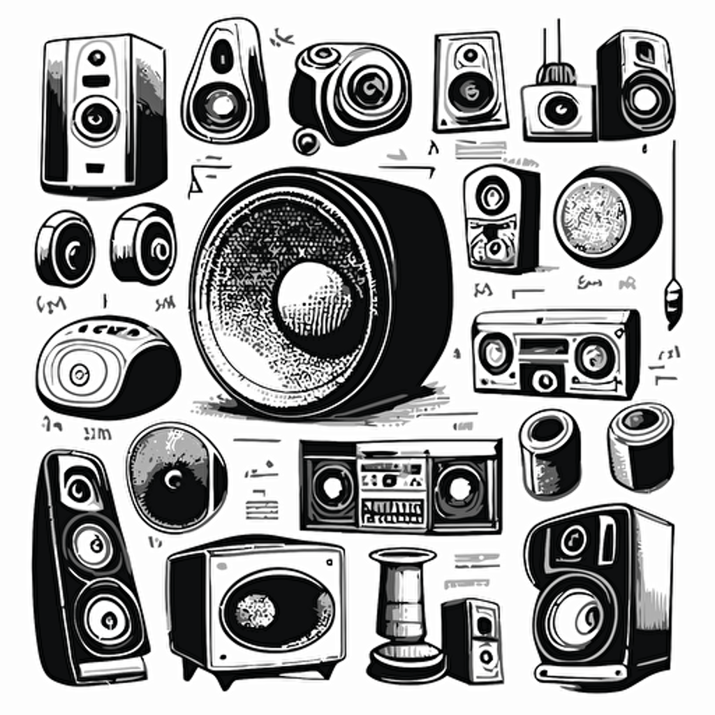 BLACK AND WHITE HAND DRAWN SPEAKERS VECTOR DOODLE
