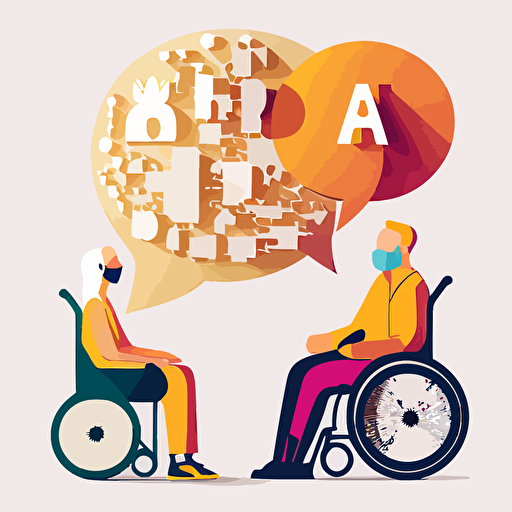 nurse behind man in wheelchair, happy, speech bubble, network, paper cutout collage vector, communication, interconnectedness, warm, positive