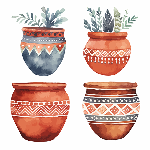 watercolor vector illustration boho three terracotta planters sticker white background