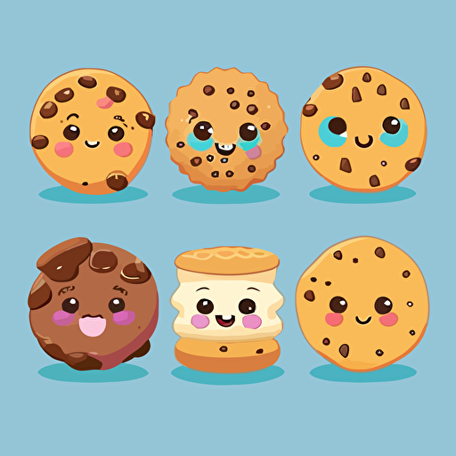 kawaii cookie on solid background, sticker art design, painting illustration, fun style, vector, 2D, trending on art station, digital art, cartoon design, happy mood, collection, set of 6