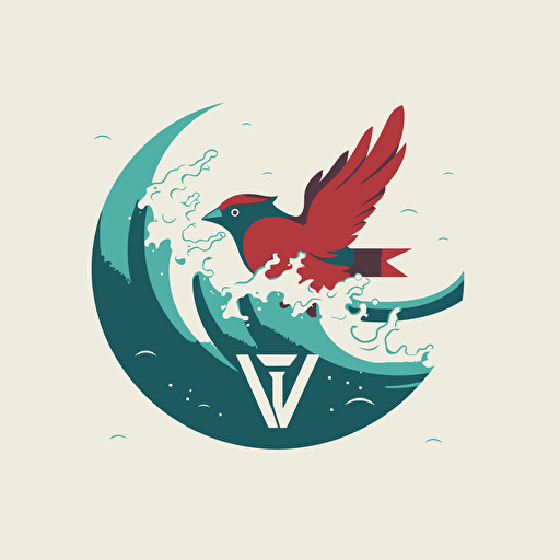 modern, flat, vector logo of a cardinal flying through a tidal wave, letters T W