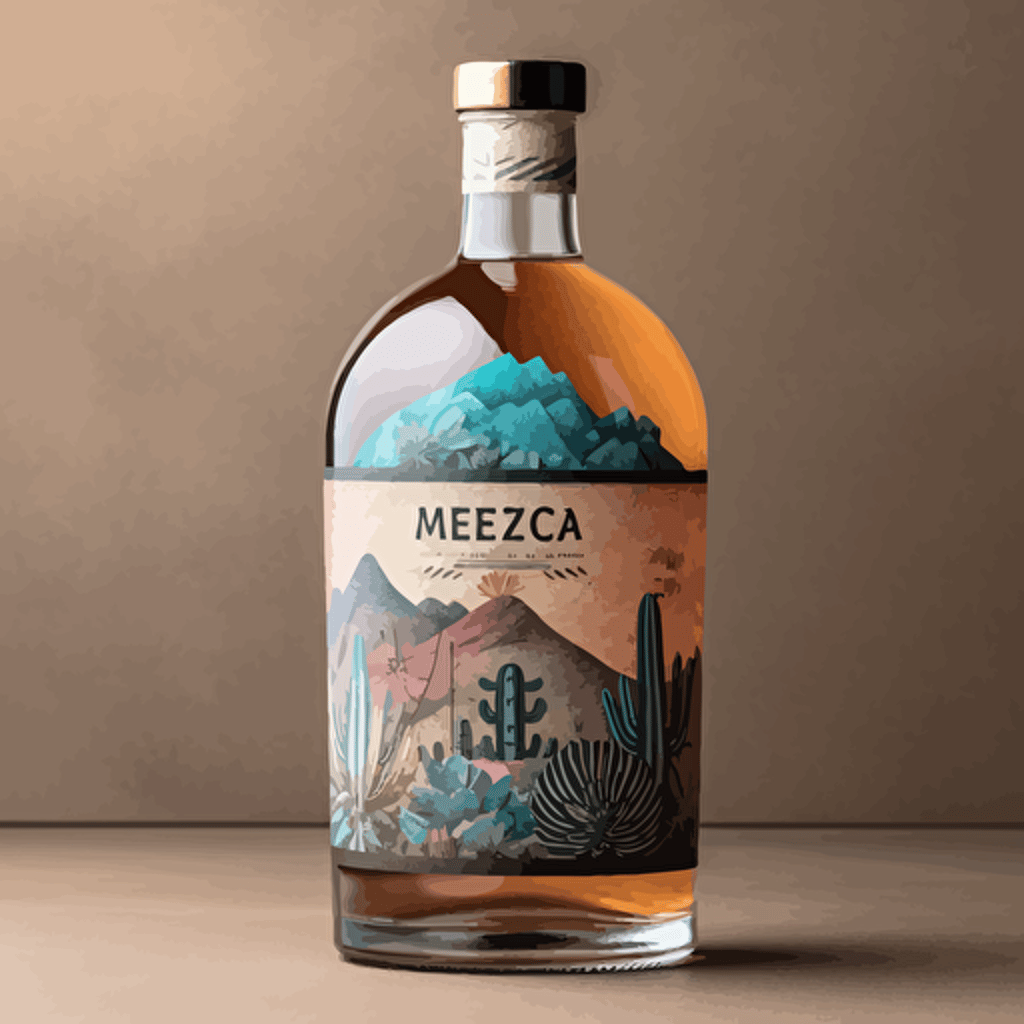 a vector image of a modern mezcal bottle label with a unique and eye-catching design. The label is made of high-quality materials and is printed with a variety of textures and materials. The design is inspired by the diverse landscape of Mexico, and includes elements such as sand dunes, volcanoes, and rainforests. The label also includes the name of the mezcal, the type of agave used, and the region where it was produced. The overall effect of the label is one-of-a-kind, and it is sure to be a conversation starter.