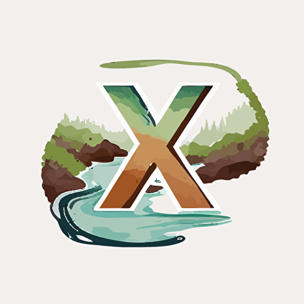 minimalist logo of the letter x inside the number 0, flat, white background, elements of a river, natural colours, vector art, element, flow