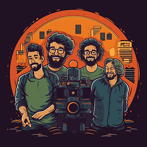 three guys making films. presentation style. vector style over black.