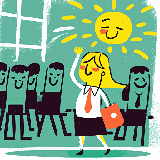 illustrated image of a teacher taking attendance, kind of happy, bright, 2d vector