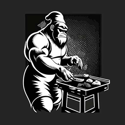 a gorilla chef cooking on a grill , black and white vector twitch emote style