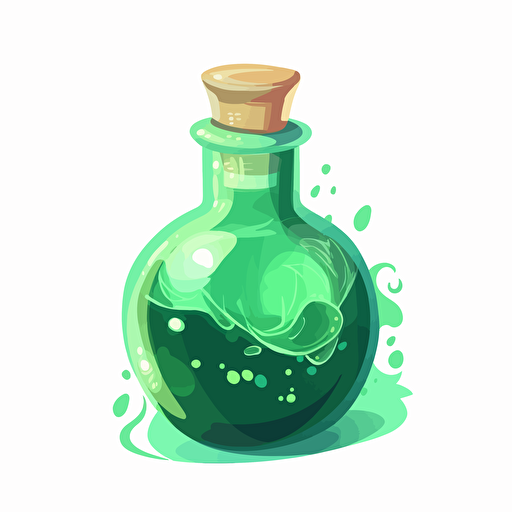 a magical bottle of green potion, vector, white bg