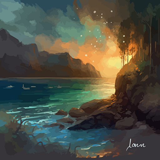 atmospheric coastal landscape, rich dark blues, warm browns beiges greens, lights from a distant marina, watercolors, dripping colors, vector, style of Yoann Lossel, Erin Hanson, Leonid Afremov, Makoto Shinkai