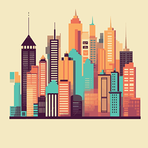 vector, 2d, carton city skyline with skyscrapers, illustrator style, minimalist, flat