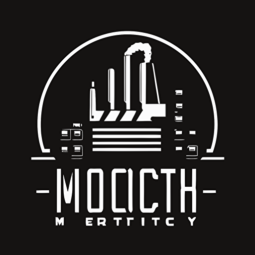 iconic logo of modern factory, white vector, on black background, minimalistic