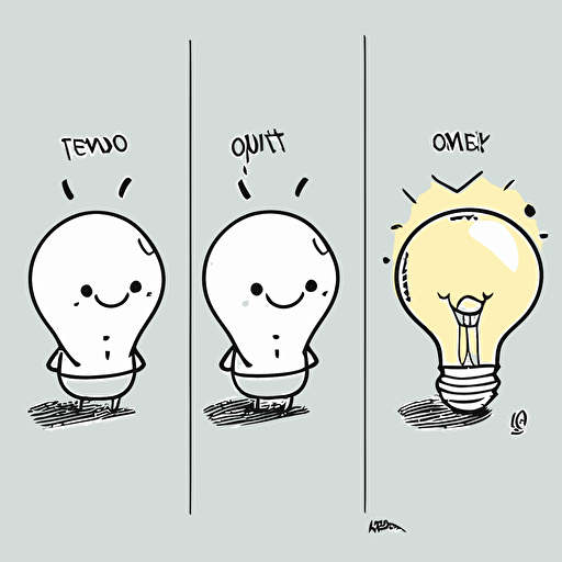 draw a 2D vector, cartoon, cute, happy light bulb, a simple drawing, in color but bordered with a black line, flat drawing and without details on a white background.
