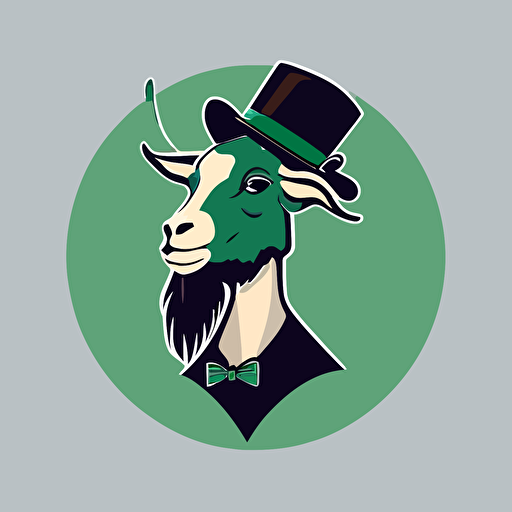 A minimalist flat vector design of a distinguished gentleman goat, sporting a monocle and top hat, with a stylish bow tie and a refined expression, effortlessly combining sophistication with the playful nature of a goat mascot, ideal for a Quote Goat YouTube channel logo