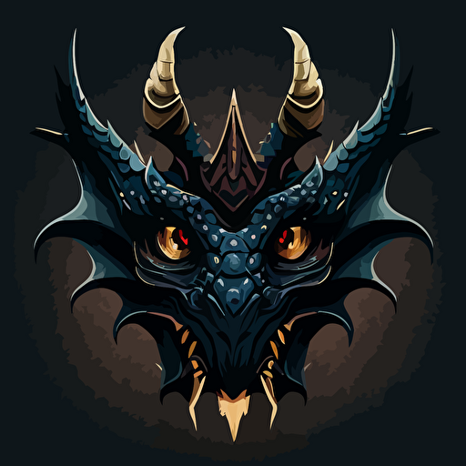 straight-on shaded cartoon reduced color palette simplified vector illustration iconic avatar profile picture of a fantasy dragon head with big eyes on dark solid color background, symmetry, googie style