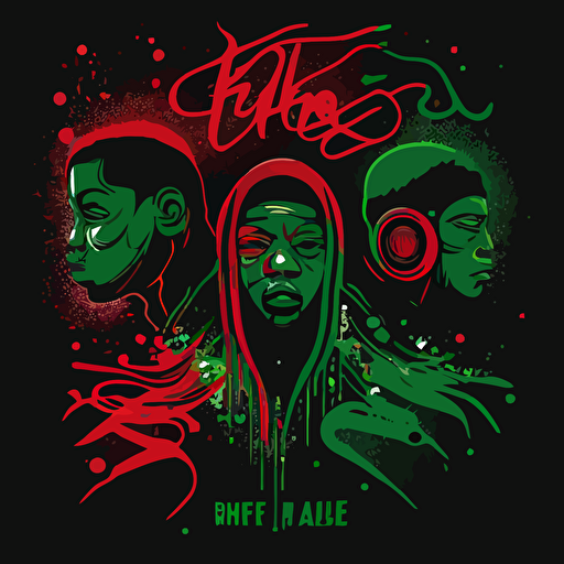 spray splatts in a tribe called quest cover style, red and green on black background, vector illustrated, flat design
