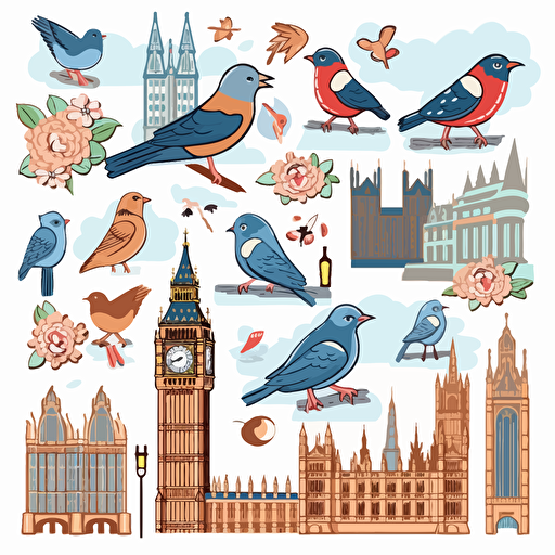 pidgeons clipart a set of stickers paper cutouts for scrapbooking collage UK themed. Vector image of Westminster London, full view, highly quality, no text, illustration,