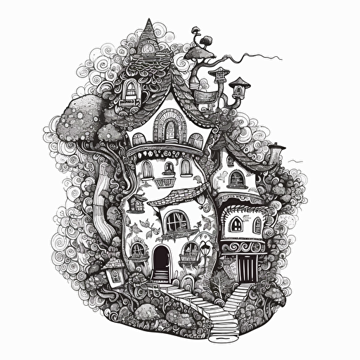 tall whimsical zentangle black and white medieval hobbit house, in flat 2d vector style, no perspective 4d91006c-2d9f-4a11-be13-7dac0aa6d6a6