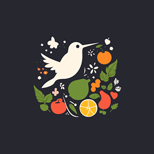minimalist flat SVG vector black and white logo showing a hummingbird flying surrounded by flowers, fruits and vegetables