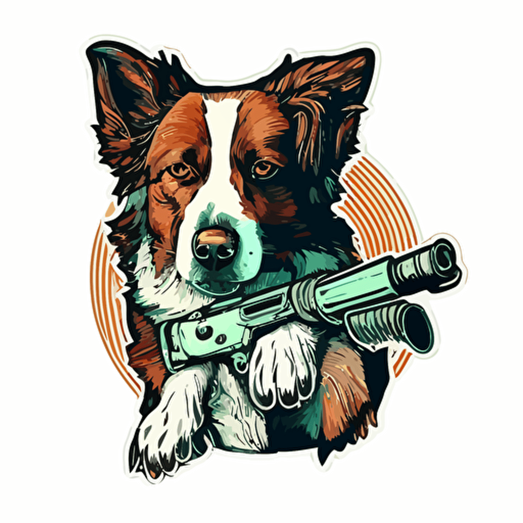 dog with pistols, Sticker, Hopeful, Tertiary Color, mural art style, Contour, Vector, White Background, Detailed, cut out