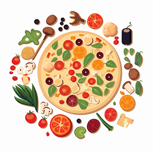 very simple flat illustration of pizza ingredients on white background, vector art, no outline