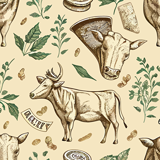 a cow, kitchen herbs, cheese, baggette drawings print seamless pattern vector, in the style of made of cheese, grit and grain, 1860–1969, carcore, beige, combining natural and man-made elements, highly detailed foliage