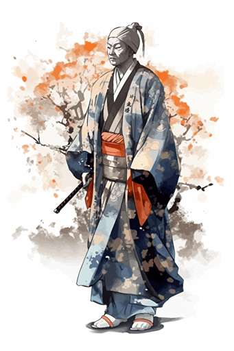 watercolor vector art, Samurai, inspired by Japanese color palettes, white background, depth, detailed