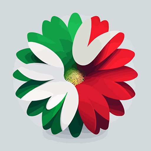 one daisy with 1/4 of petals in green, 1/4 of petals in red and the remaining petals in white, white background, minimalist logo style, flat, vector art, vibrant colors
