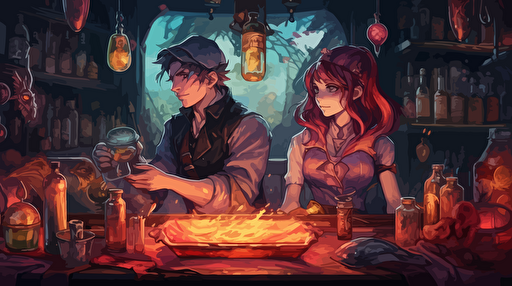 an anime extremely detail bartender guy and a young lady with an amazing uniform very fashionable doing some drinks with fire, flying bottles vibrant colors, hyper resolution vector fantasy