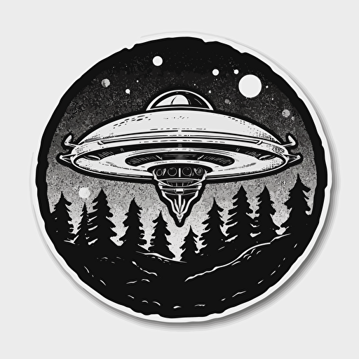 ufo, black and white, no color, heavy shadows, sticker, vector