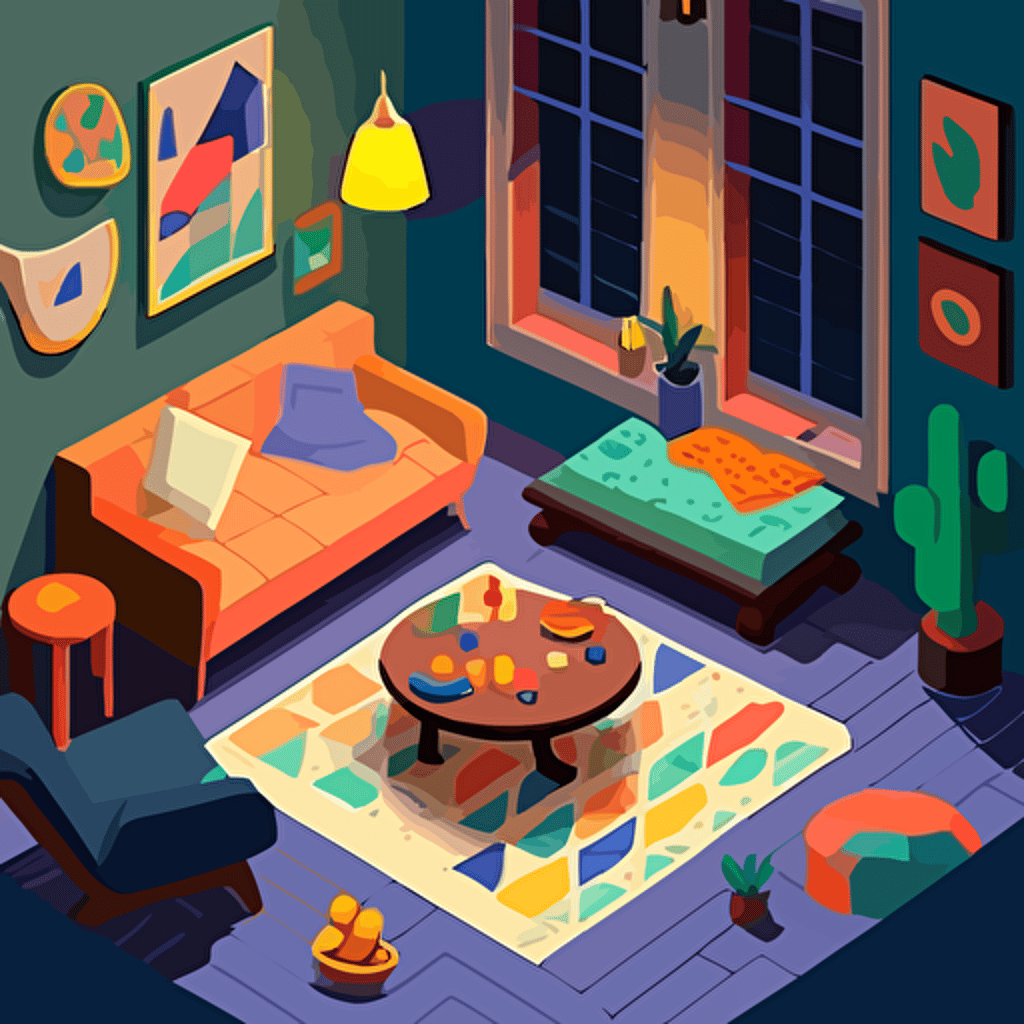Based on Henri Matisse's cut-outs, design a vector illustration of a cozy living room where friends are gathered for a game night, using simple shapes and vibrant colors to represent the furniture, people, and board games. Set the scene on a rainy evening.