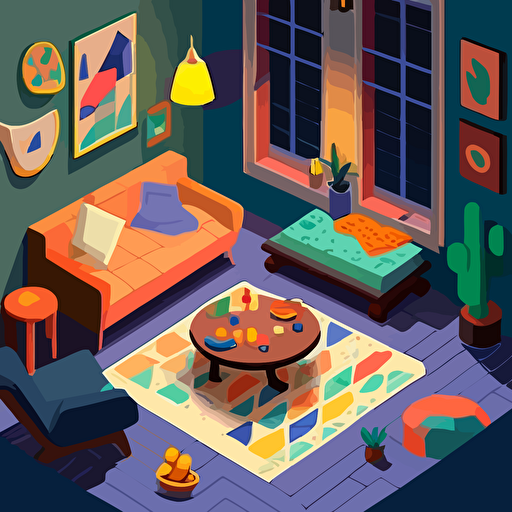 Based on Henri Matisse's cut-outs, design a vector illustration of a cozy living room where friends are gathered for a game night, using simple shapes and vibrant colors to represent the furniture, people, and board games. Set the scene on a rainy evening.