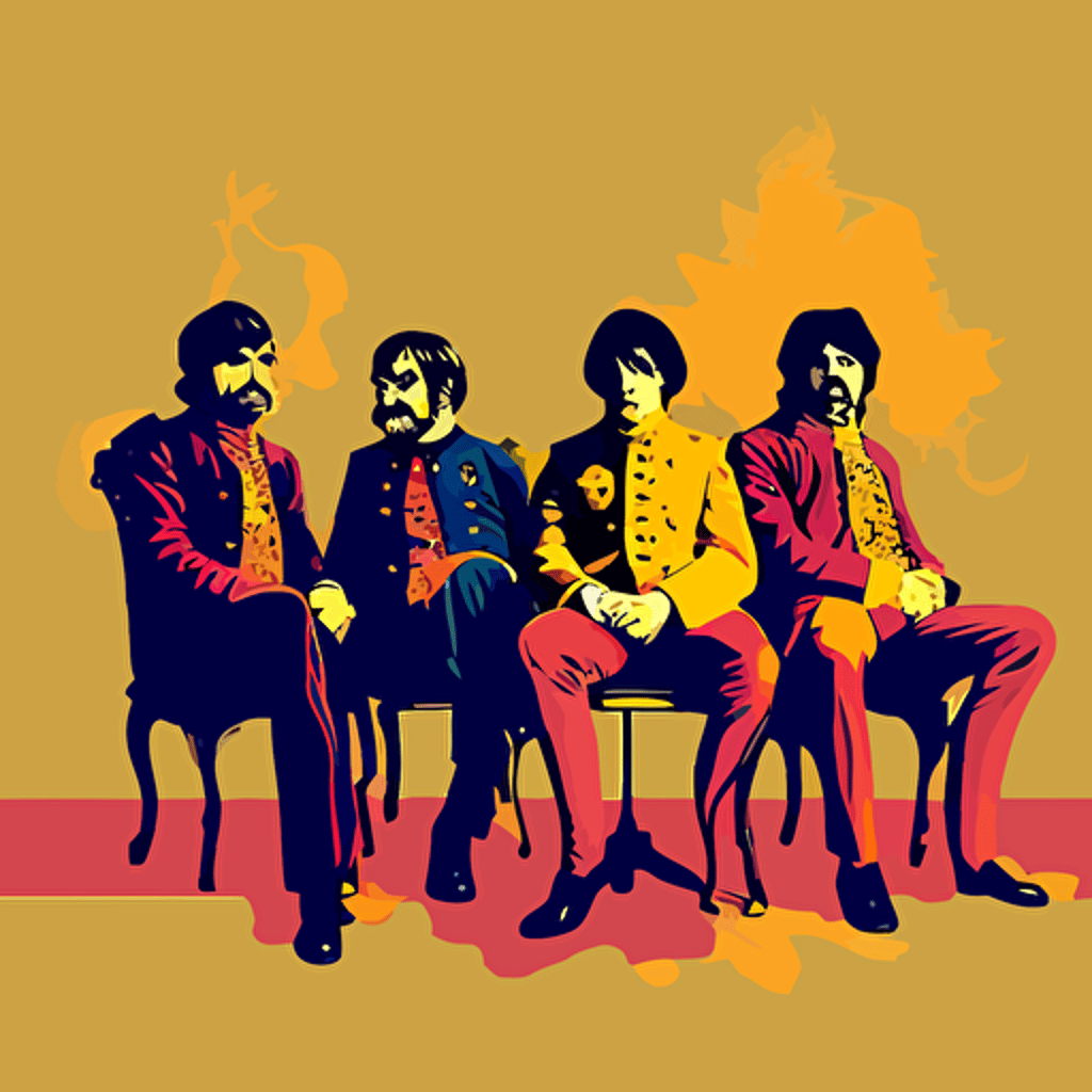 beatles in the style of Sgt. Pepper's Lonely Hearts Club Band, the beatles sitting in a big room, vector illustration