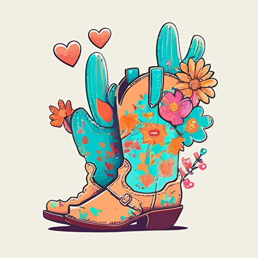 neon biright colored cute cowgirl boots in cartoon style drawing with hearts and flowers on a white background flat vector drawing
