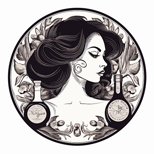 a 2D logo for a gin bar, must appeal to womens between 20-30 year, vector art, black and white, must be circular