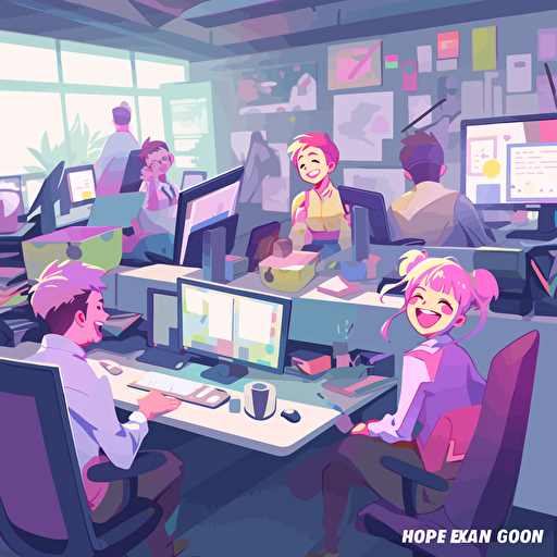 some employees that love their workspace, happy faces, vector illustration, colorful