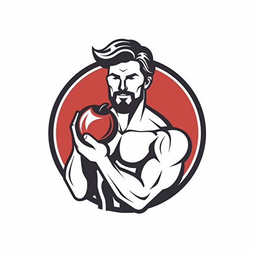 vector logo of a MAN HOLDING A DUMBBELL AND AN APPLE IN RED AND GRAY COLOR in modern style on a white background without text