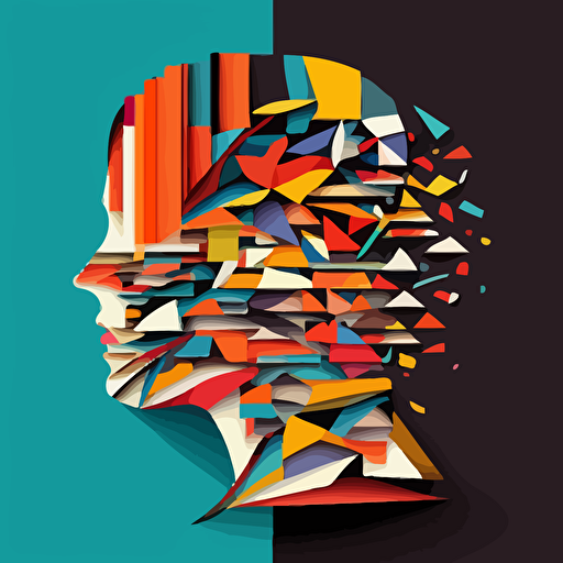 persons head with many tabs open. flat vector. bright colours