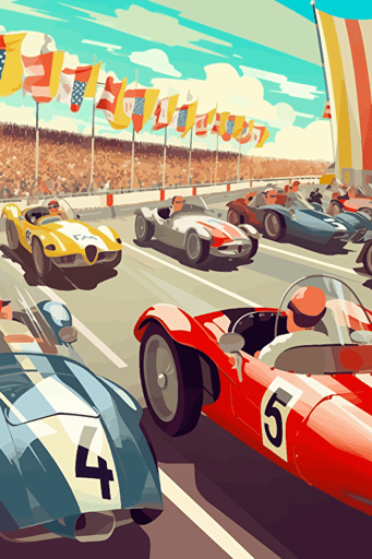 modern poster cartoon style, 1950's racing event, speed, flags, spectators, summer, vector art, light colours,