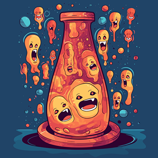 vector image of a drawing of a lava lamp, the liquid inside the lava lamp has trippy smiley faces inside floating around,