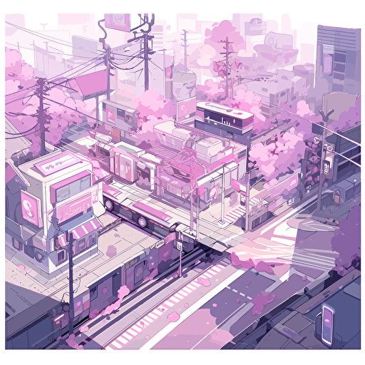 Vector illustration of a modern city, Aesthetics clean and minimalist, with purple and pink color scheme