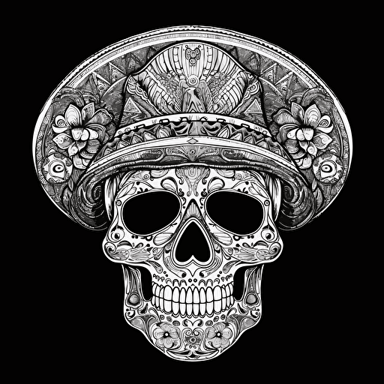 mexican scull with bandana, sombrero, vector, black and white, detailled, vector art, ornament, background mexican ornament, background white