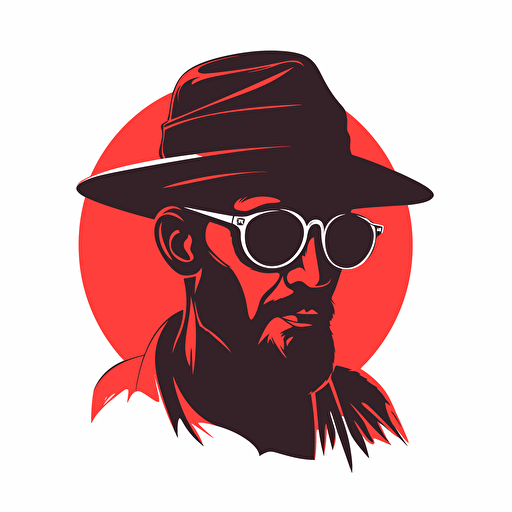 Vector logo of silhouette of a mans head. The man has a bucket hat, and scarf. Red sunglasses are visible on the silhouette.