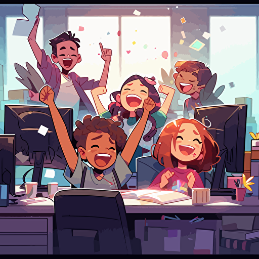 some employees that love their workspace, happy faces, vector illustration, colorful