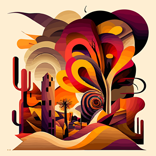 abstract vector art desert tornado village cactus, sunset orange, fiery yellow, scarlet, mahogany, and deep violet