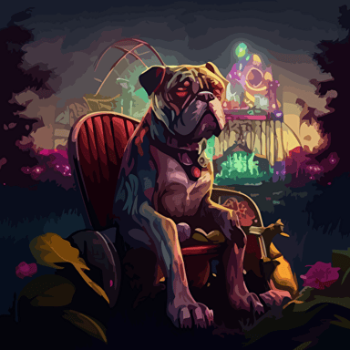 construct a detailed avatar of a boxer dog in street clothes sitting in a chair facing the foregorund, surrounded by magical glowing plants shrubs and roses, with a view of a abandoned city in the background, broken carnival rides in the distance. set from vacant woods in the foreground, trees, dead roses, clouds. Incorporate a gloomy and dreadful vibe to evoke a sense of eerieness and wonder. Use a digital painting style reminiscent of Thomas Kinkade and James Gurneya illustration, drawing, flat illustration, vector style
