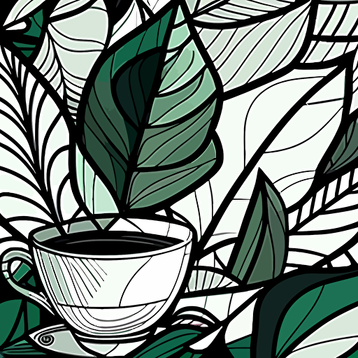 seamless pattern of an abstract vector art of green leaves, cup of tea, botanical, modern, cubist style, 2d, black outline