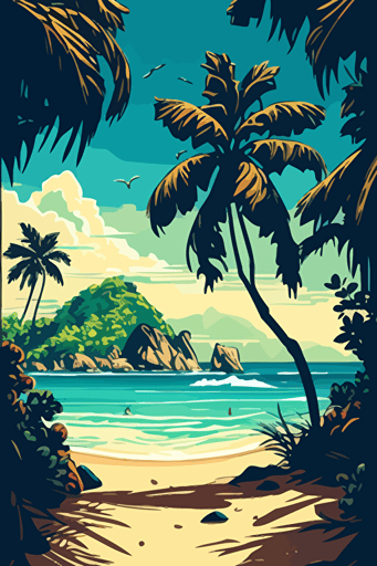 Digital art, tropical beach, landscape, vector illustration, stilized, high spot, hd