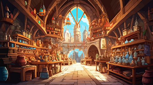 vector illustration, Inside medieval Fantasy Shop, colorfull, vibrant, 2d animation, anime, vector image