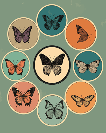 butterflies, retro aesthetics, vector image, sticker design, pantone colors