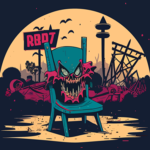 a chair facing front in the middle of the scene, in a vacant camp site, in the woods, abandoned, large hill/mound in background, abandoned, large broken signage, shrubs, trees, bushes, roses, with a city landscape in the background, broken carnival rides, a demon spirit looking over the broken signage, vector logo, vector art, cartoon, ellis art style