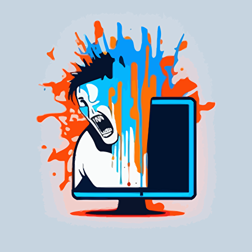 a modern futuristic minimal vector logo of a gamer nerd raging in front of a computer because he lost an important game, orange blue white background